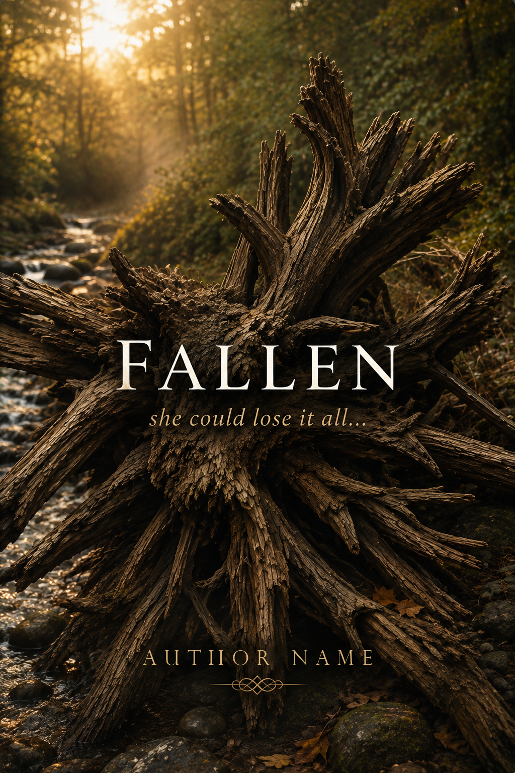 Fallen, a cover design example — a book cover of an upturned tree with tangled roots by a stream, tagline "she could lose it all…"